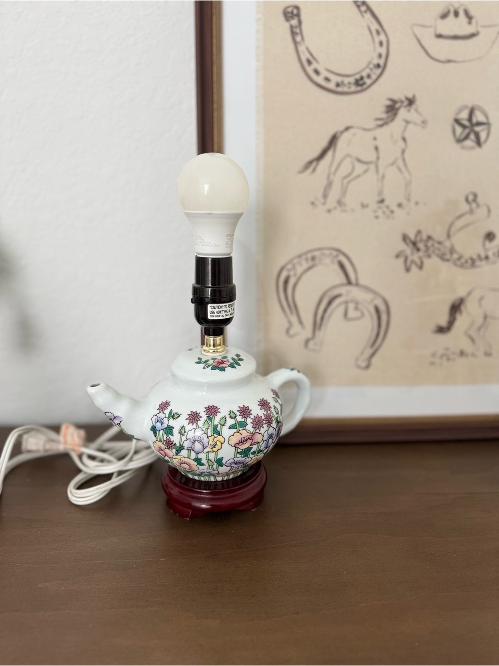 Vintage Floral Porcelain Teapot Lamp - White with Multicolor Flowers